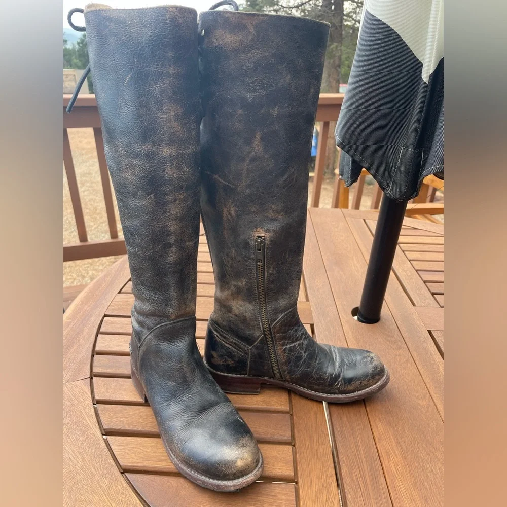 BED|STU Women's Lace-Up Tall Riding Boots in Dark Brown/Black - Picture 2 of 11